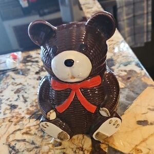 Otagiri Brown Bear Figurine Bank with Red Bow